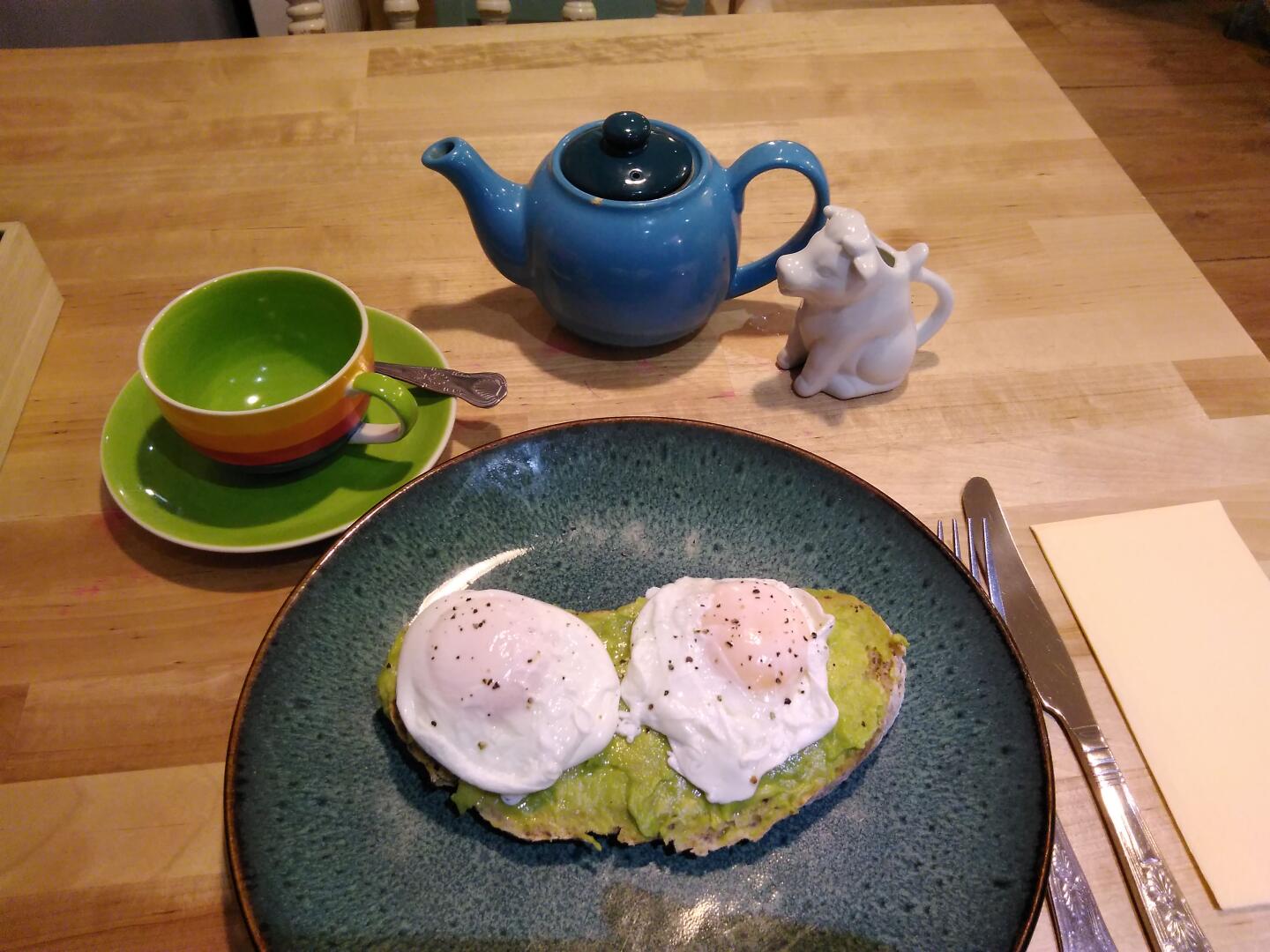 Lunch at Mad Hatter&rsquo;s, Chester: avocado spread, poached eggs, and Earl Grey tea with milk fresh from the cow.