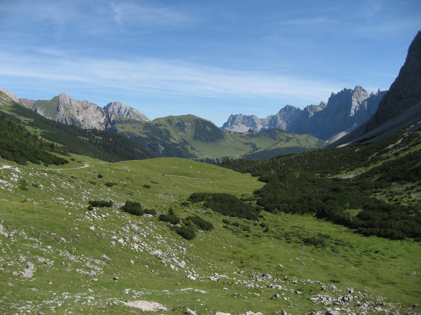 Ausblick vom Hochalmsattel Richtung Falkenhütte (hinten rechts auf dem grünen Huckel).
