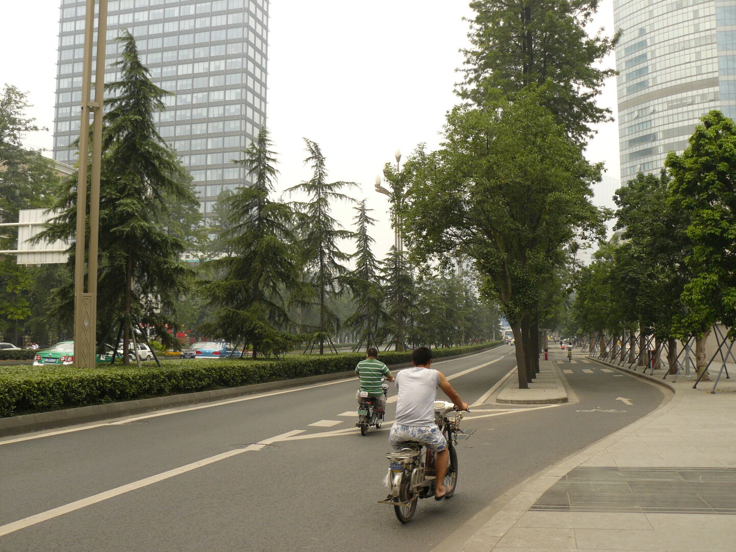 The road was split into different lanes by rows of trees. There is a lot of green throughout the city.