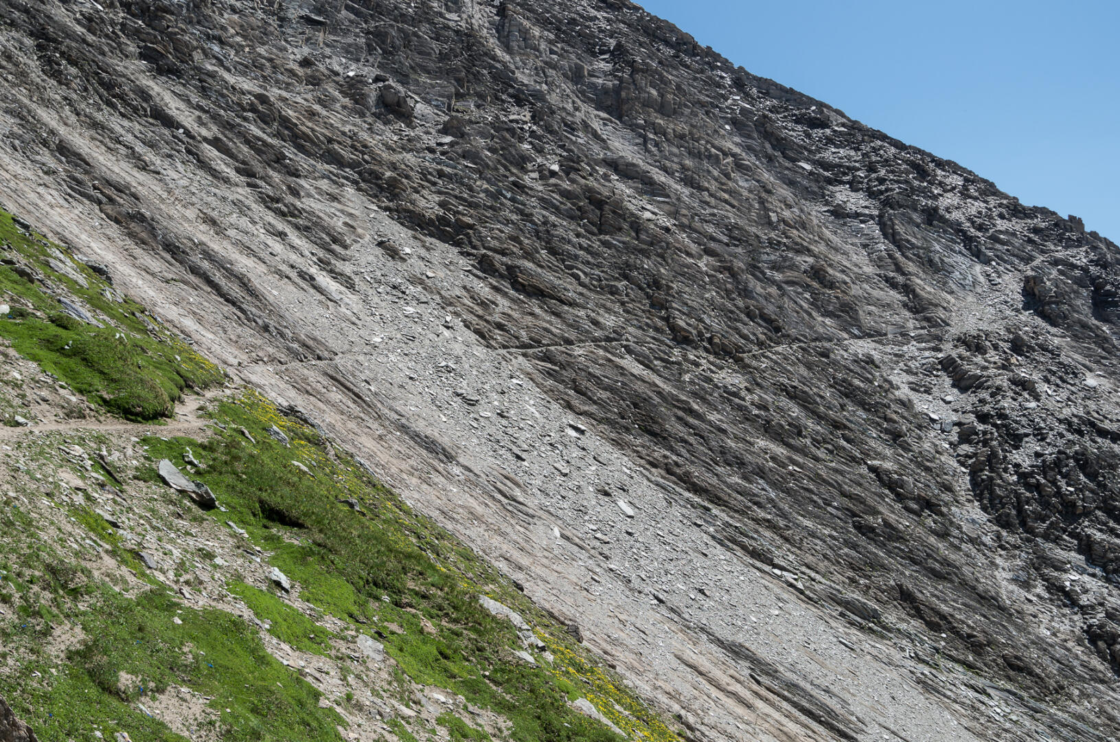Der Sajat-Höhenweg ist extrem Steinschlag-gefährdet. Dagegen hilft auch ein Seil nicht. Hunde anleinen?! Die Sajatscharte: hier sind wir herunter gekommen.