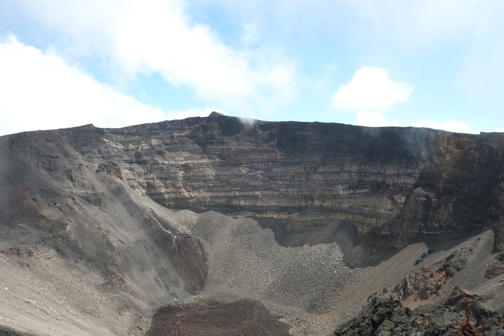 Gipfelfoto am Rand des Cratere Dolomieu. Von links: Vincent, Ute, Dirk. Blick in den Krater.
